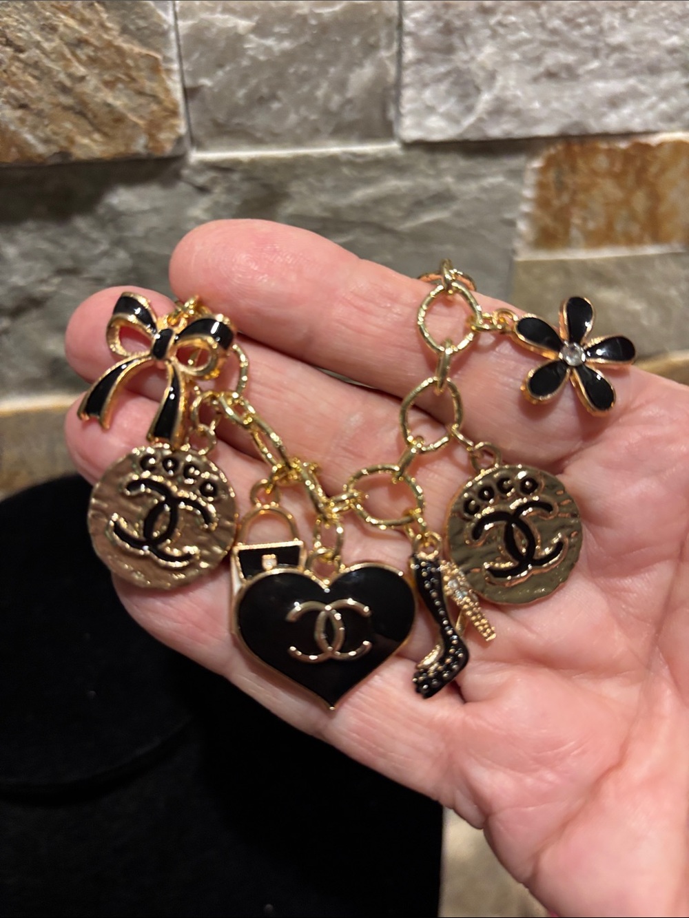 Gold Charm Bracelet with Black Enamel CC Heart and Decorative Charms - Picture 2 of 4